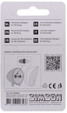 Simson fietslampje halogeen 6V 3W extra sterk per 1 op kaart